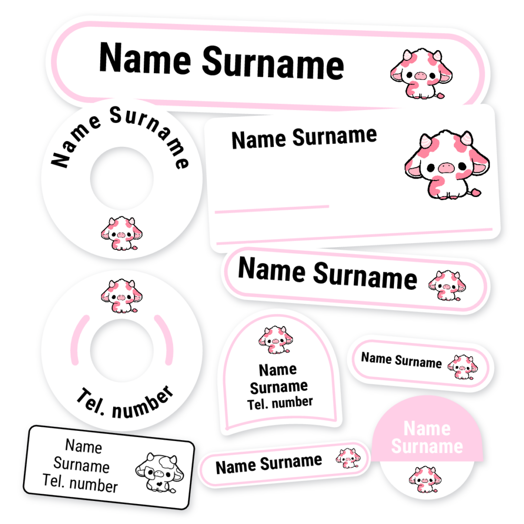 Cow Pink School Label Kit, personalised name labels for school