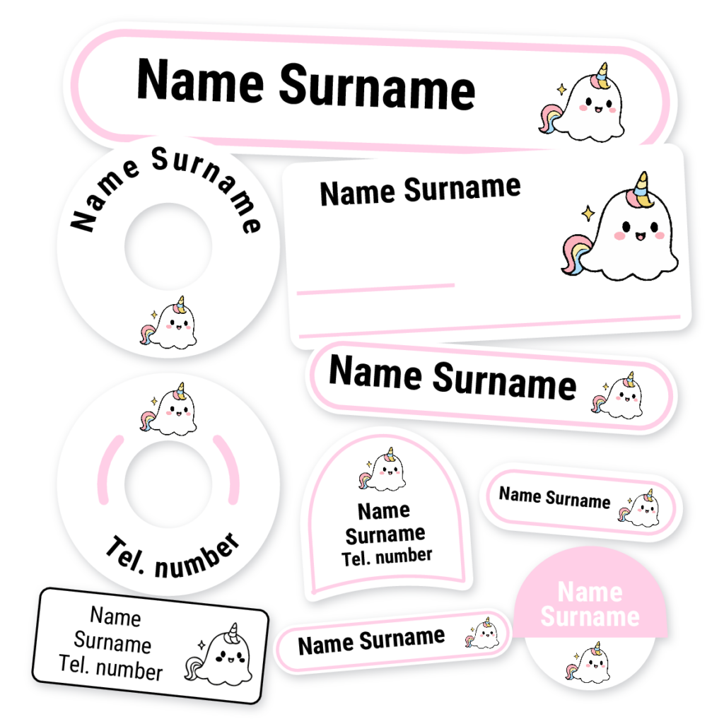 Ghost Unicorn School Label Kit, personalised name labels for school