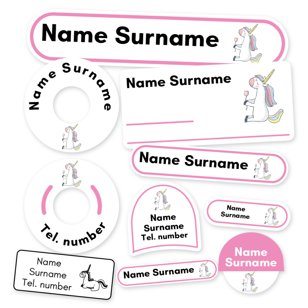 Pink Unicorn School Label Kit, personalised name labels for school