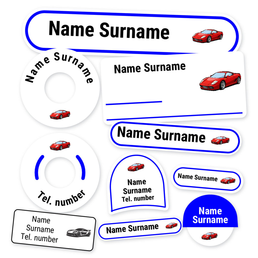 Racing Car Red School Label Kit, personalised name labels for school