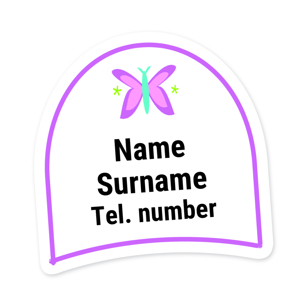 16 Personalised Shoe Labels | Butterfly (Lilac), personalised with your child's name