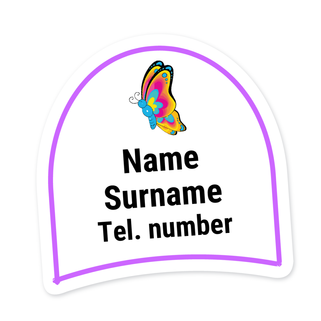 16 Personalised Shoe Labels | Butterfly (Blue), personalised with your child's name