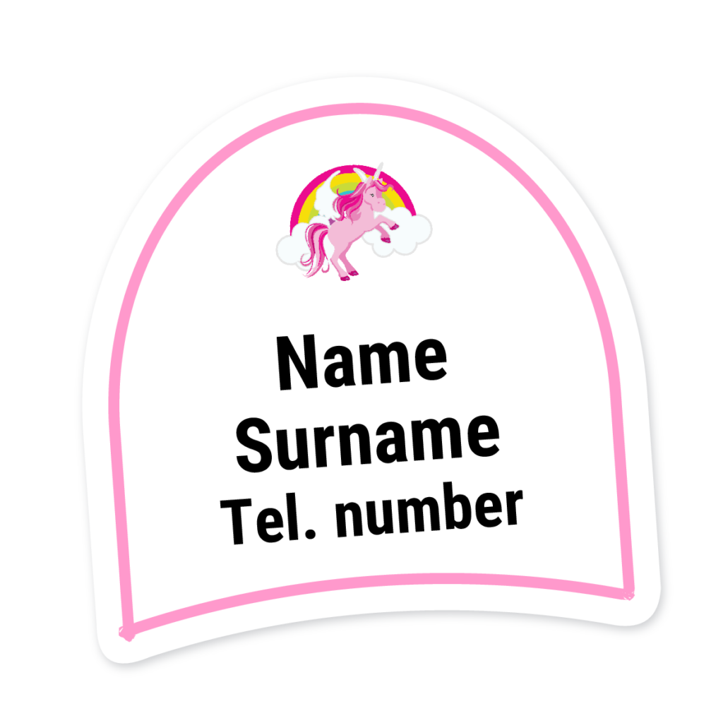 16 Personalised Shoe Labels | Unicorn & Rainbow, personalised with your child's name