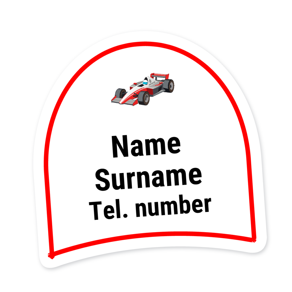 16 Personalised Shoe Labels | Racing Car, personalised with your child's name