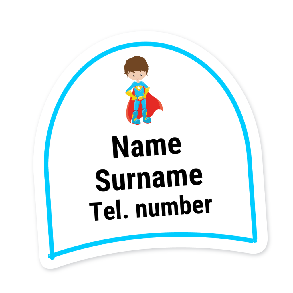 16 Personalised Shoe Labels | Super Hero (Blue Suit), personalised with your child's name