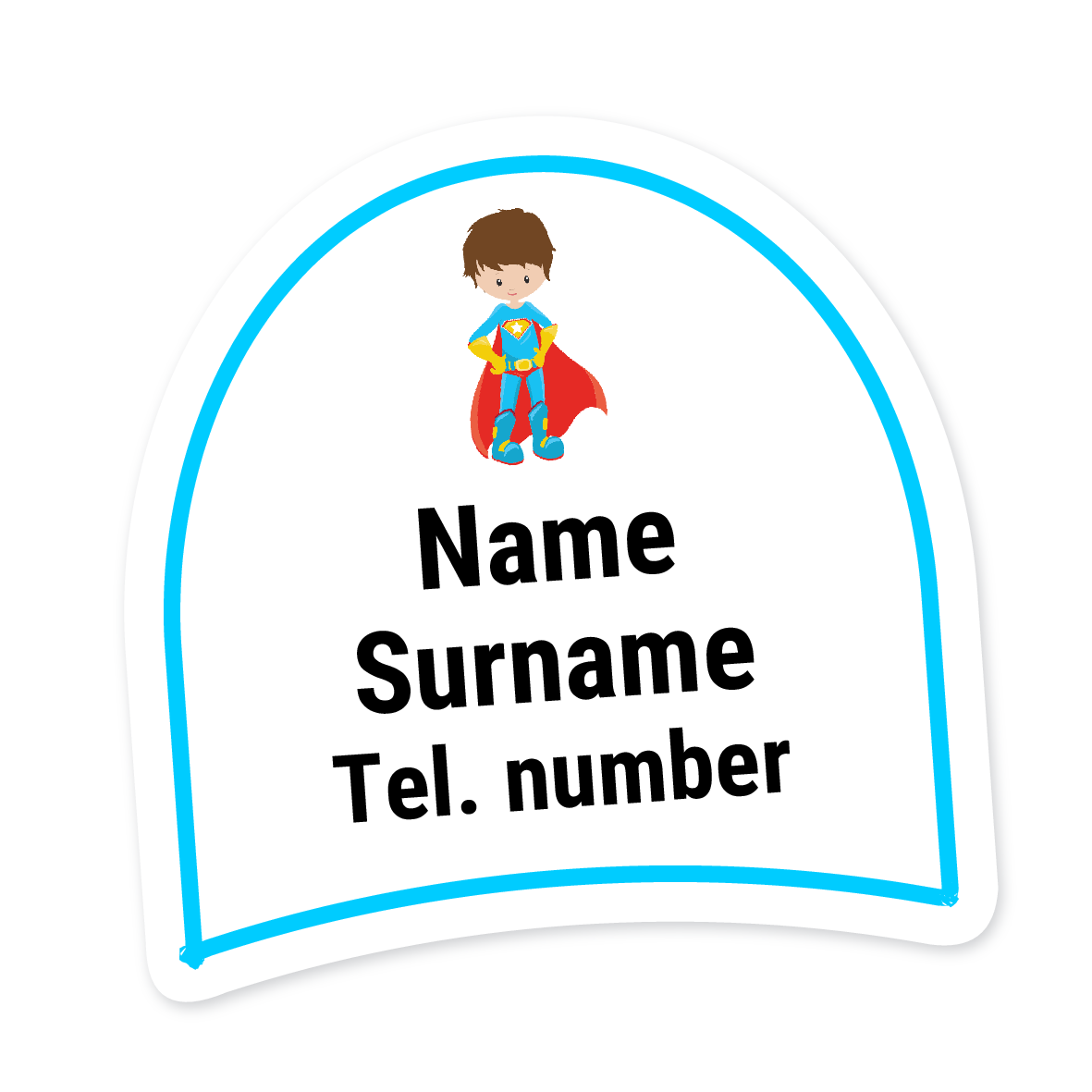 16 Personalised Shoe Labels | Super Hero (Blue Suit), personalised with your child's name