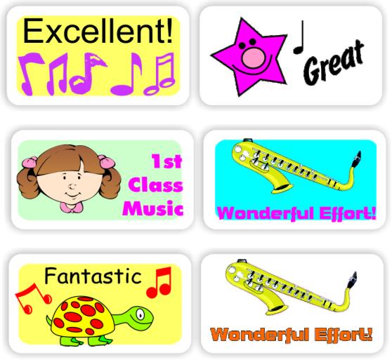 65 Music Reward Stickers | Vibrant Colours, Musical Notes & instruments, Wonderful effort, reward sticker for the classroom