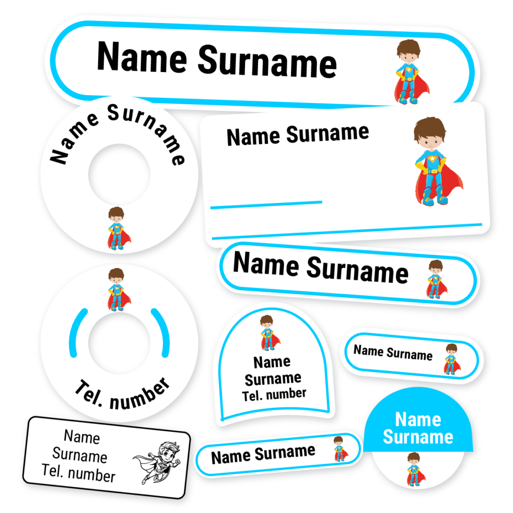 Super Hero School Label Kit (Blue Suit), personalised name labels for school