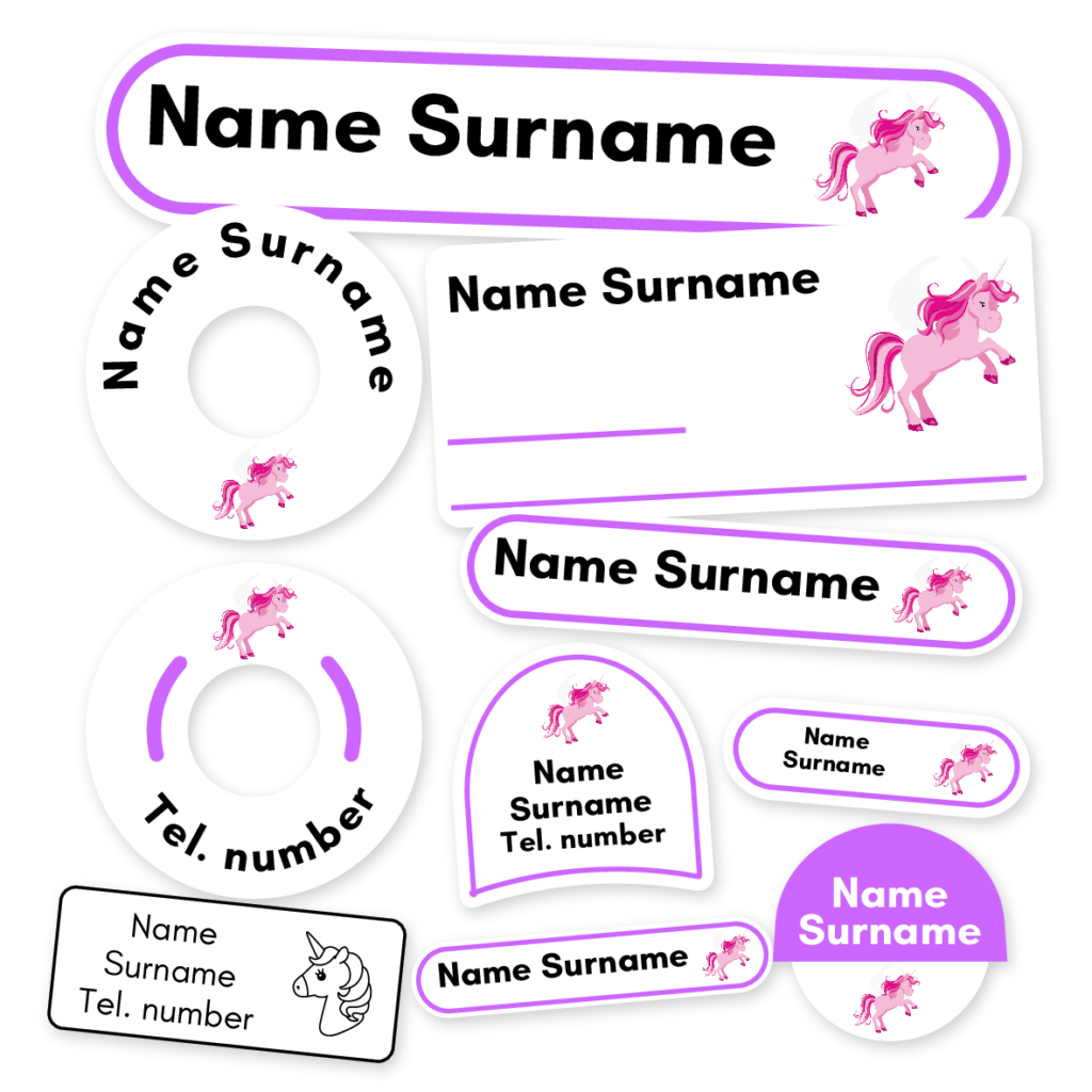 Unicorns School Label Kit, personalised name labels for school