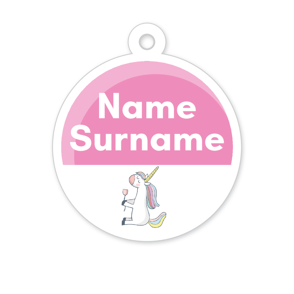 5 Personalised Zipper Tags | Pink Unicorn, personalised with your child's name