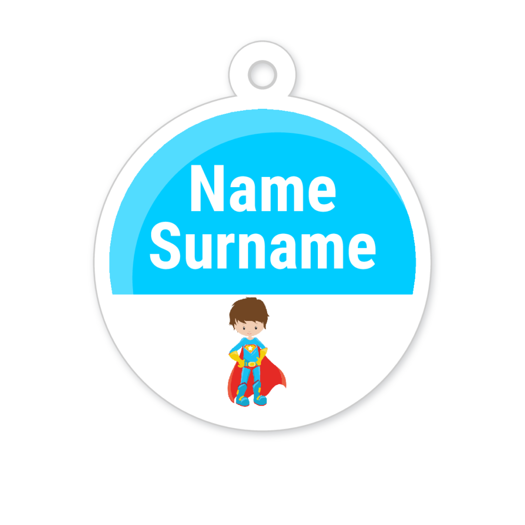 5 Personalised Zipper Tags | Super Hero (Blue Suit), personalised with your child's name