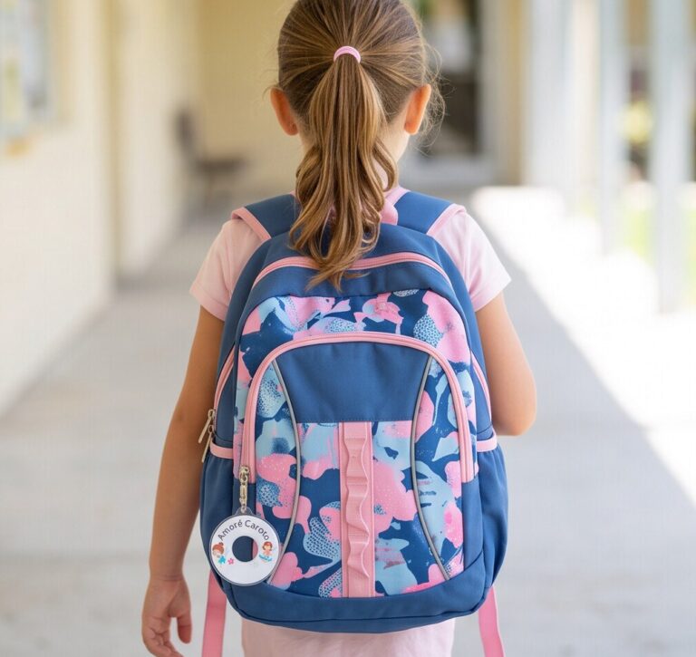 A child's school backpack with a personalised bag tag