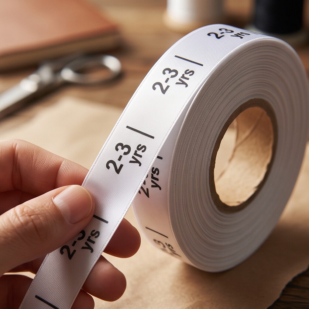 A roll of printed clothing size tags
