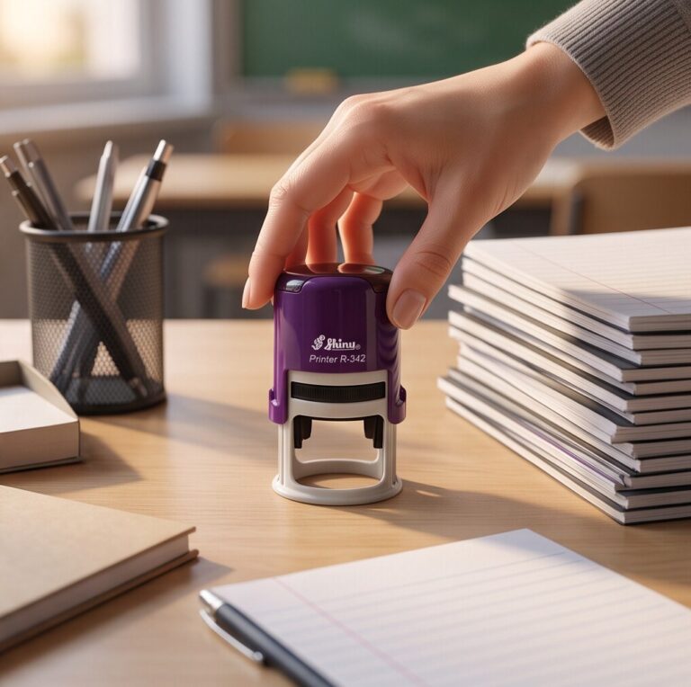 A self-inking stamp being used on a desk