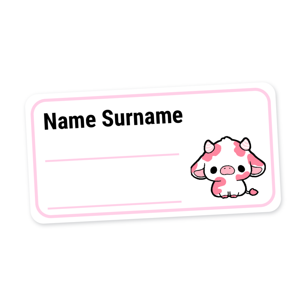 24 Personalised Book Labels | Cow Pink, personalised with your child's name