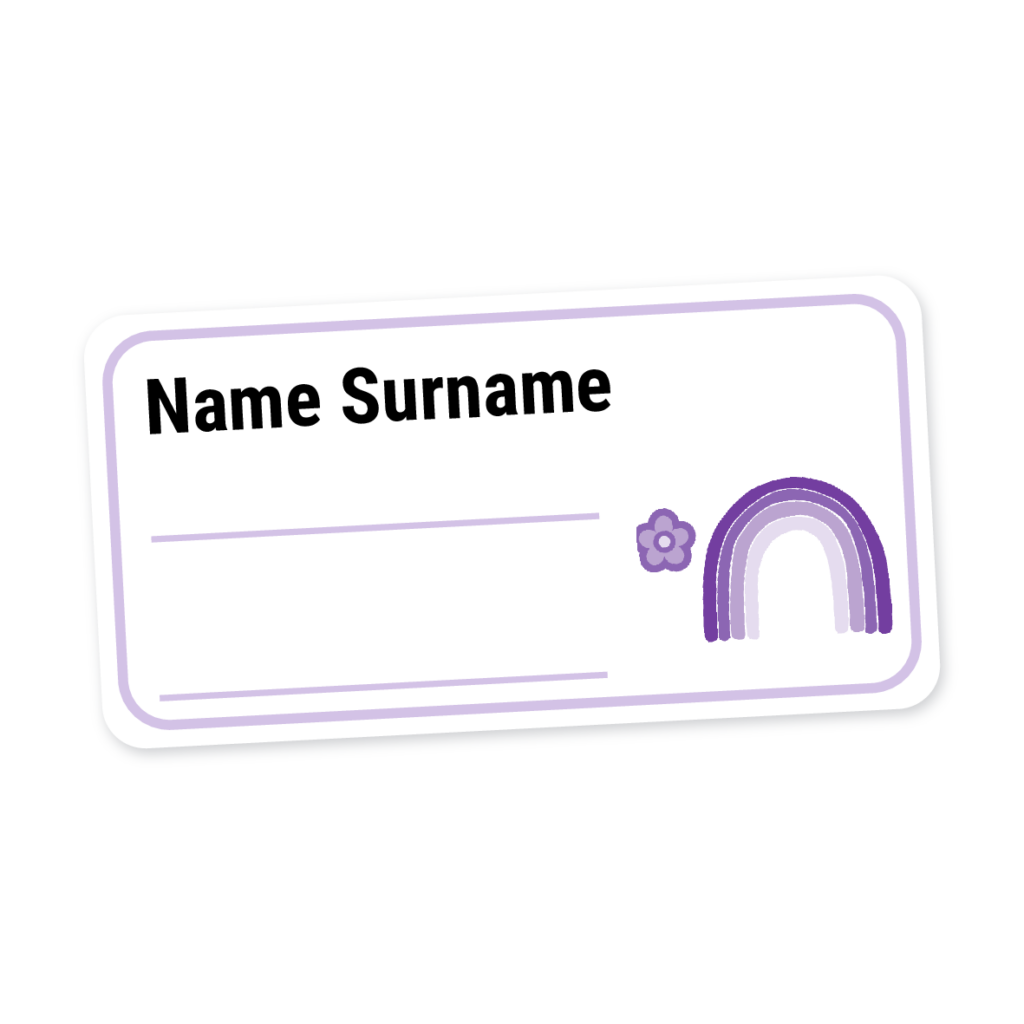 24 Personalised Book Labels | Rainbow Purple, personalised with your child's name