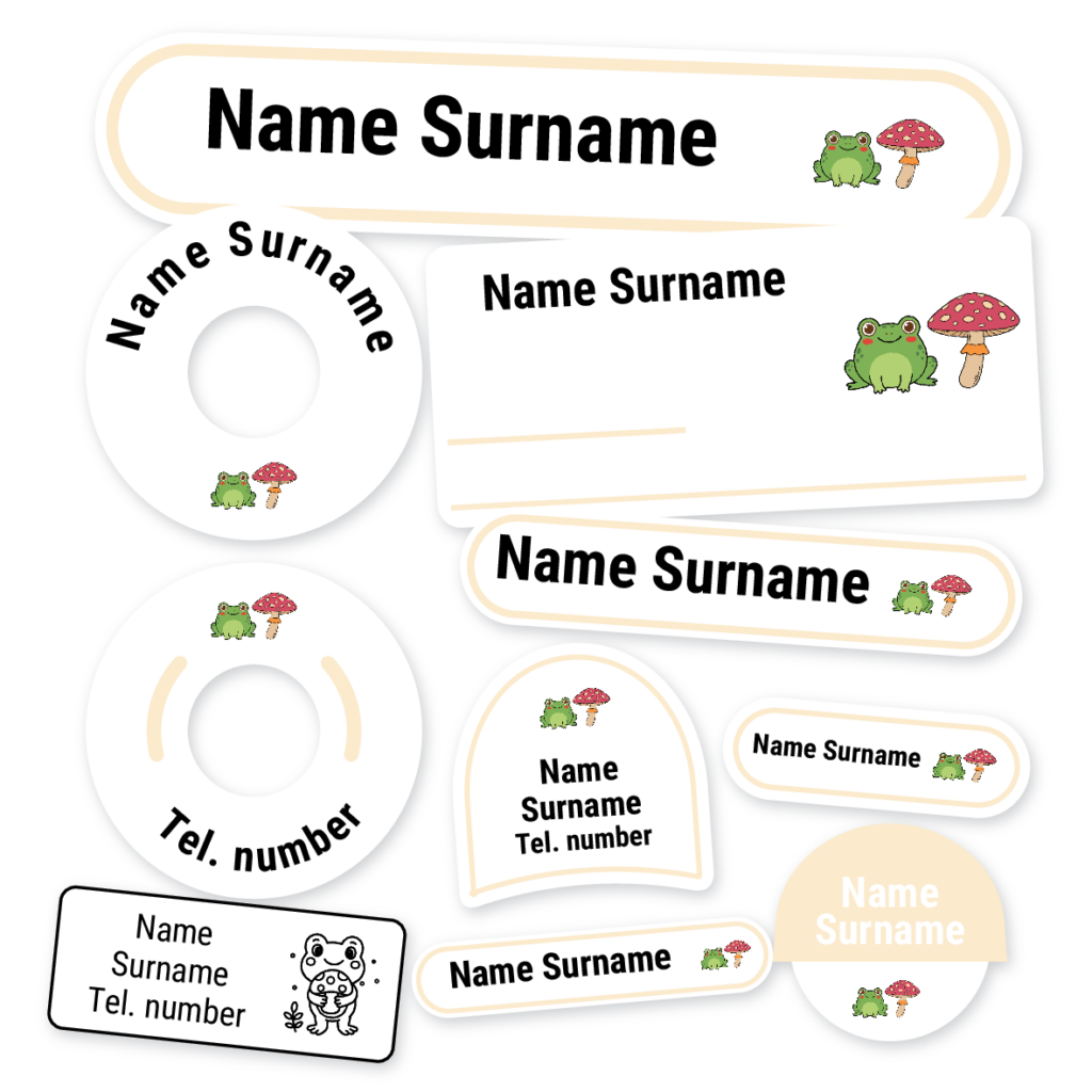 Frog & Mushroom School Label Kit, personalised name labels for school