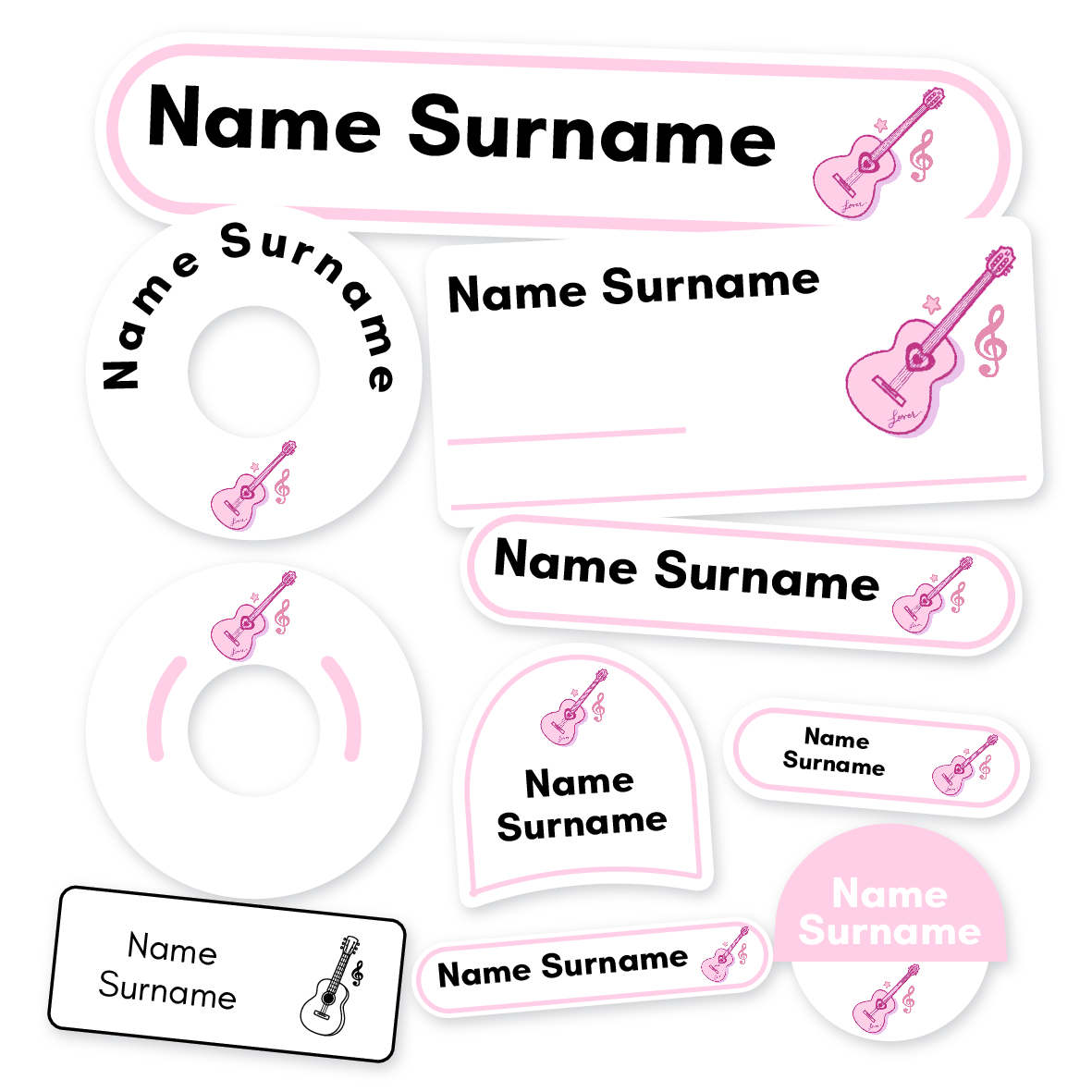 Guitar Pink School Label Kit, personalised name labels for school