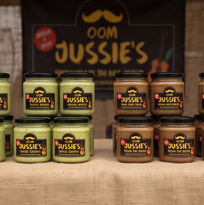 Jars with custom printed labels at a market stall