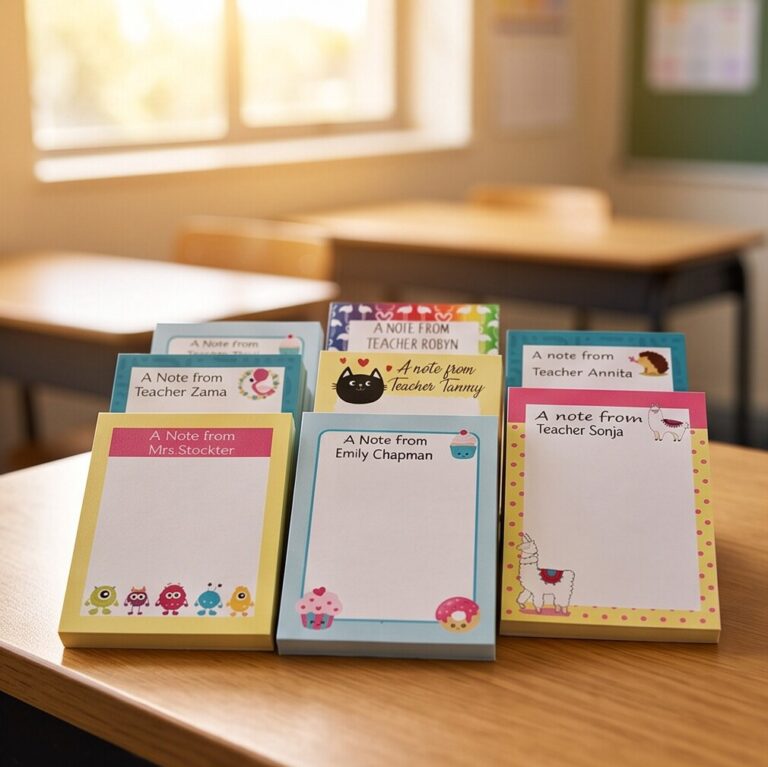 Personalised A6 notepads on a classroom desk
