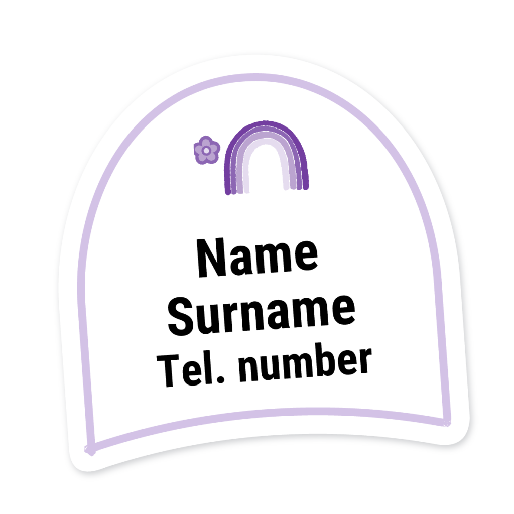 16 Personalised Shoe Labels | Rainbow Purple, personalised with your child's name