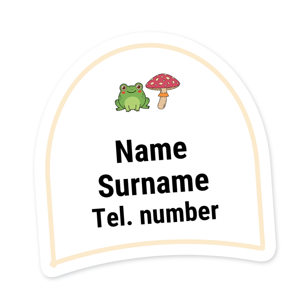 16 Personalised Shoe Labels | Frog & Mushroom, personalised with your child's name