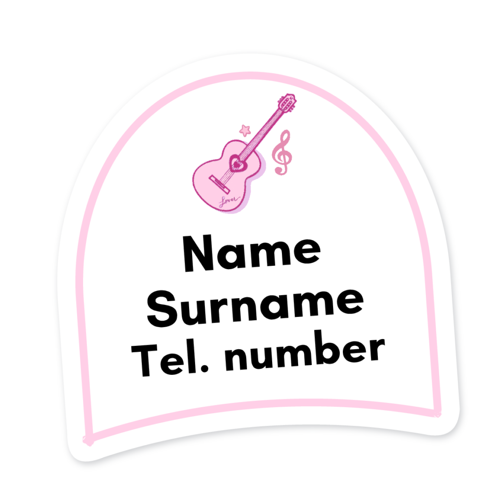 16 Personalised Shoe Labels | Guitar Pink, personalised with your child's name