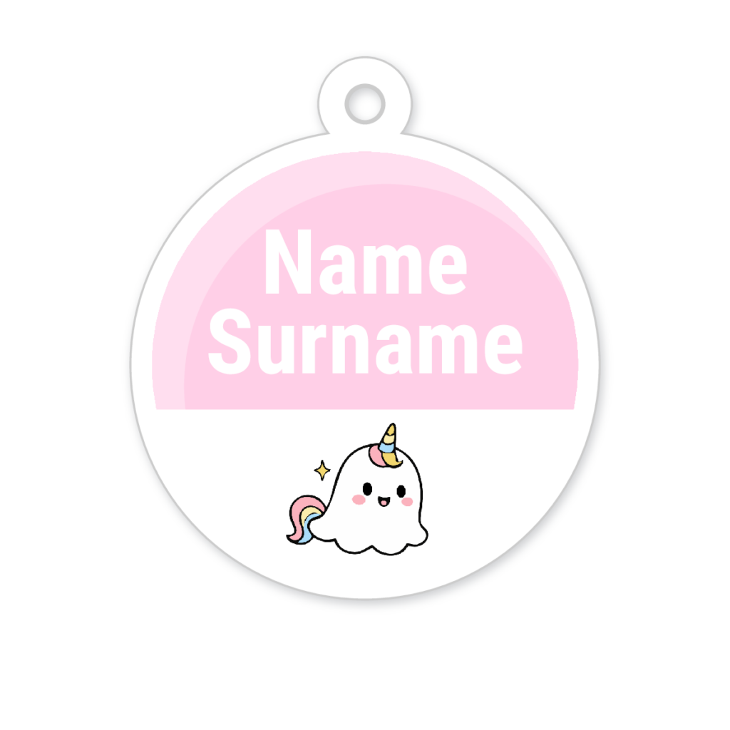 5 Personalised Zipper Tags | Ghost Unicorn, personalised with your child's name