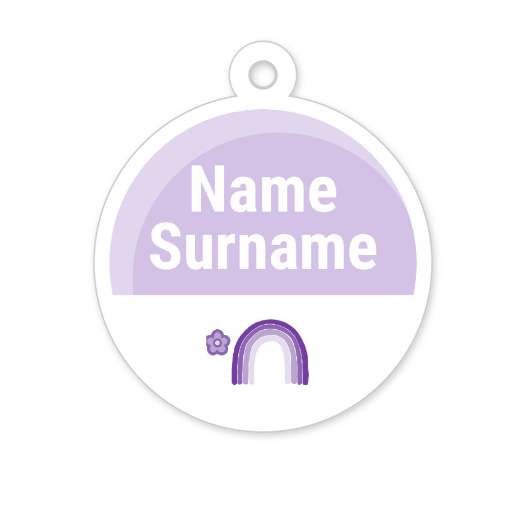 5 Personalised Zipper Tags | Rainbow Purple, personalised with your child's name