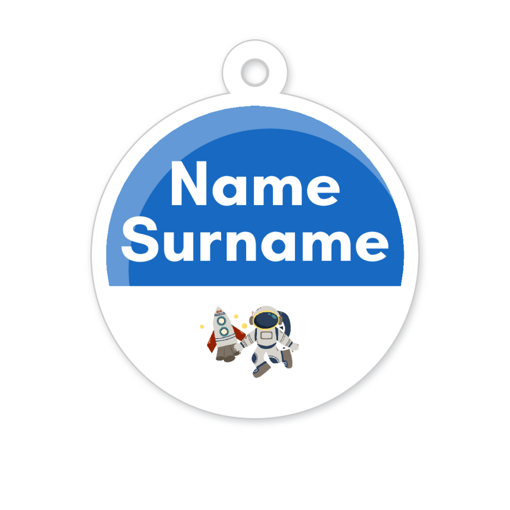 5 Personalised Zipper Tags | Space Man Rocket, personalised with your child's name