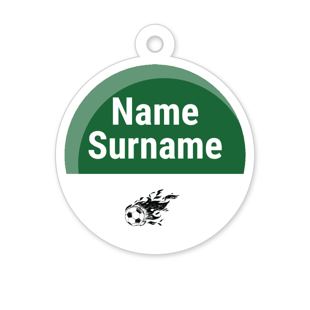 5 Personalised Zipper Tags | Flaming Soccer Ball, personalised with your child's name