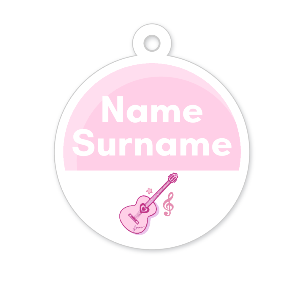 5 Personalised Zipper Tags | Guitar Pink, personalised with your child's name